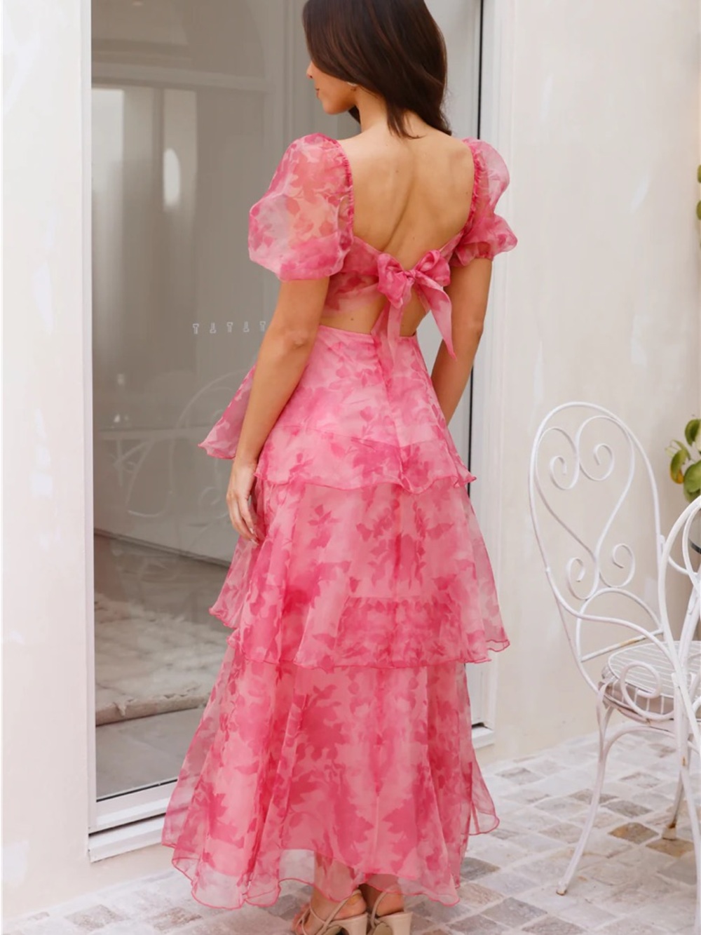 Hello Molly Pink Floral Tiered Maxi with Puff Sleeves - Picture 2 of 11